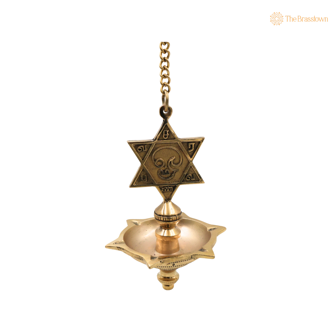Hanging Brass Lamp with Star – Traditional Peetal Thooku Vilakku Deepam for Temple, Home Mandir & Spiritual Décor 22 Inch
