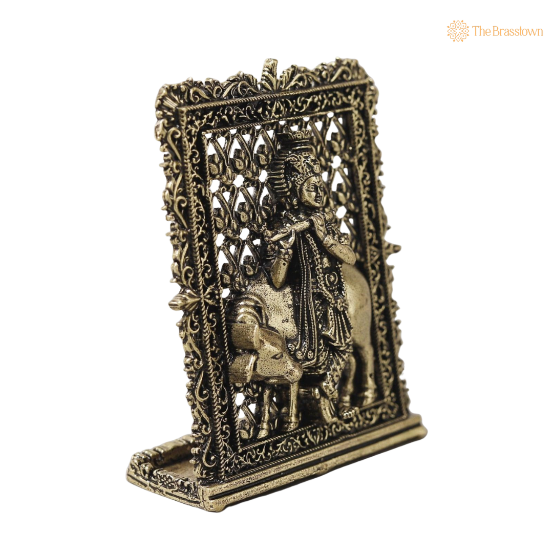 Brass Cow Krishna Panel – Fine Handcrafted Lord Krishna with Cow Wall Plaque for Car Dashboard, Home Décor & Spiritual Blessings 3 Inch