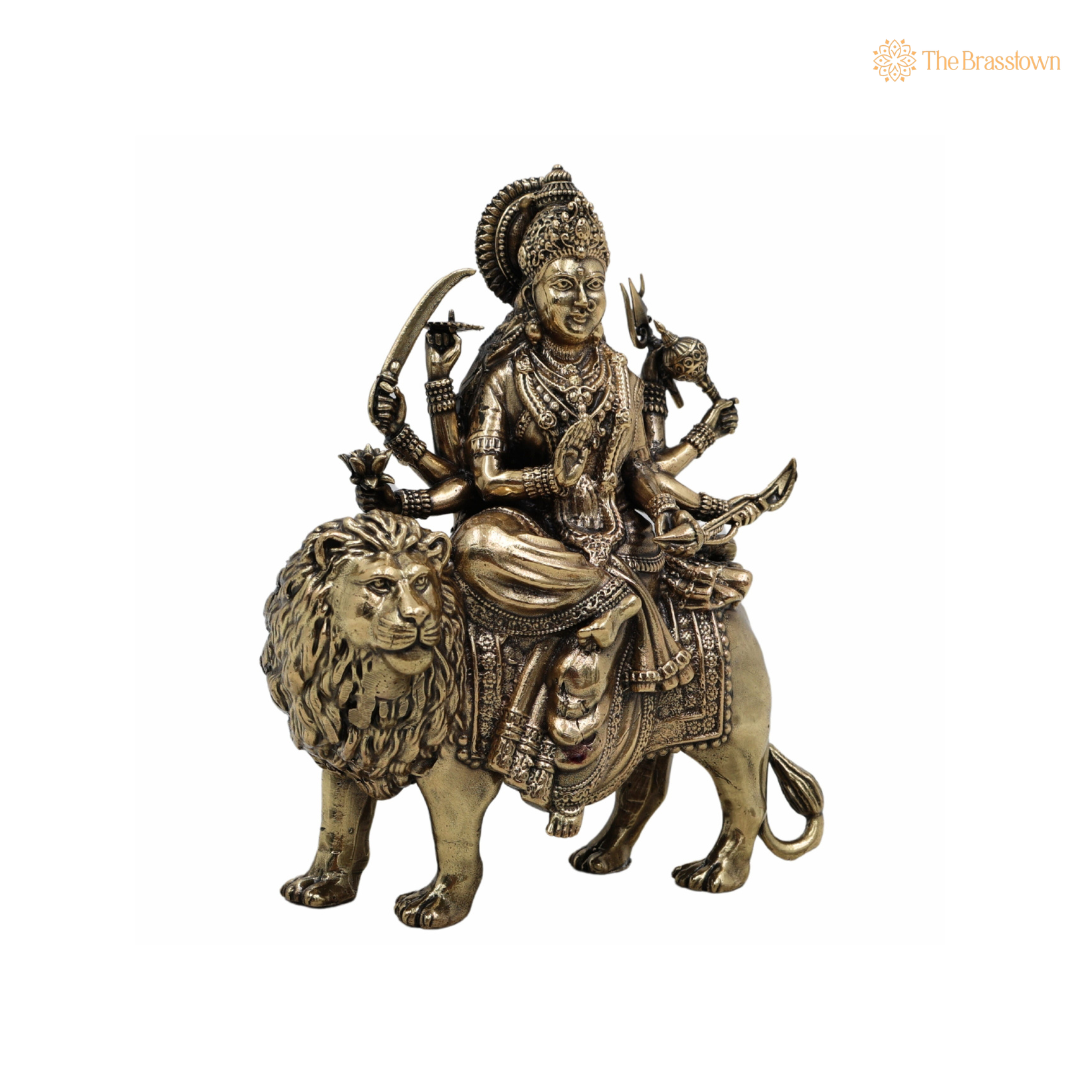 Brass Durga Maa Sherawali Idol 5.5 Inch side view – antique finish detail