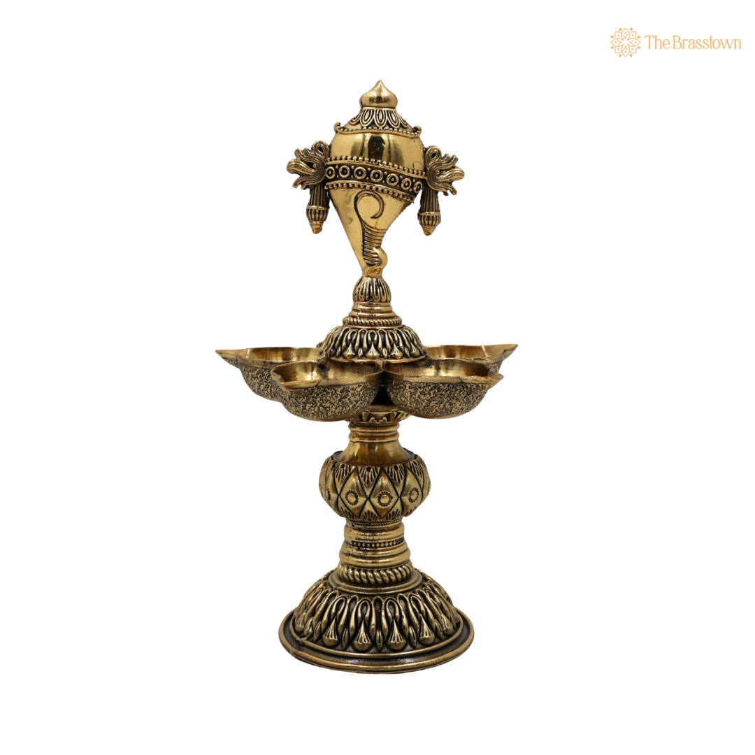 Brass Shankha Diya – Conch Shape Oil Lamp (Peetal Deepak) for Puja, Aarti & Home Mandir Décor 8.5 Inch