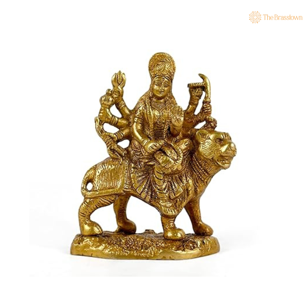 Brass Durga Maa Sherawali Idol 5 Inch side view β antique finish detail