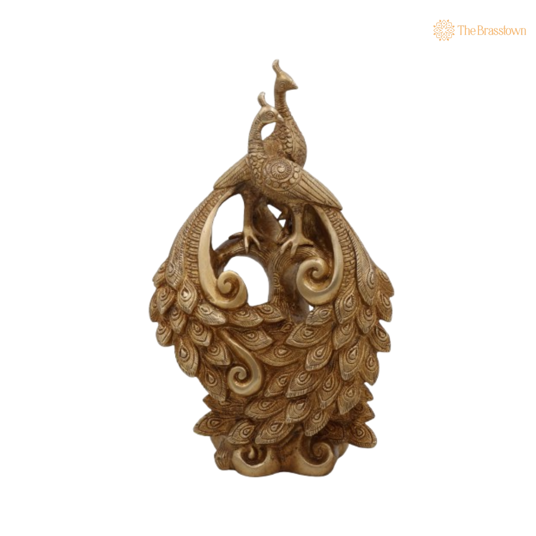 Handcrafted Brass Peacock Pair Sculpture 12 Inch