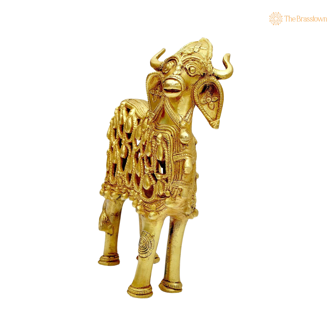 Antique Brass Tribal Cow Showpiece 9 Inch side view – antique finish detail