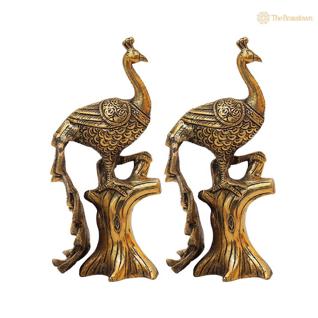 Antique Brass Peacock on Tree 8.5 Inch side view β antique finish detail