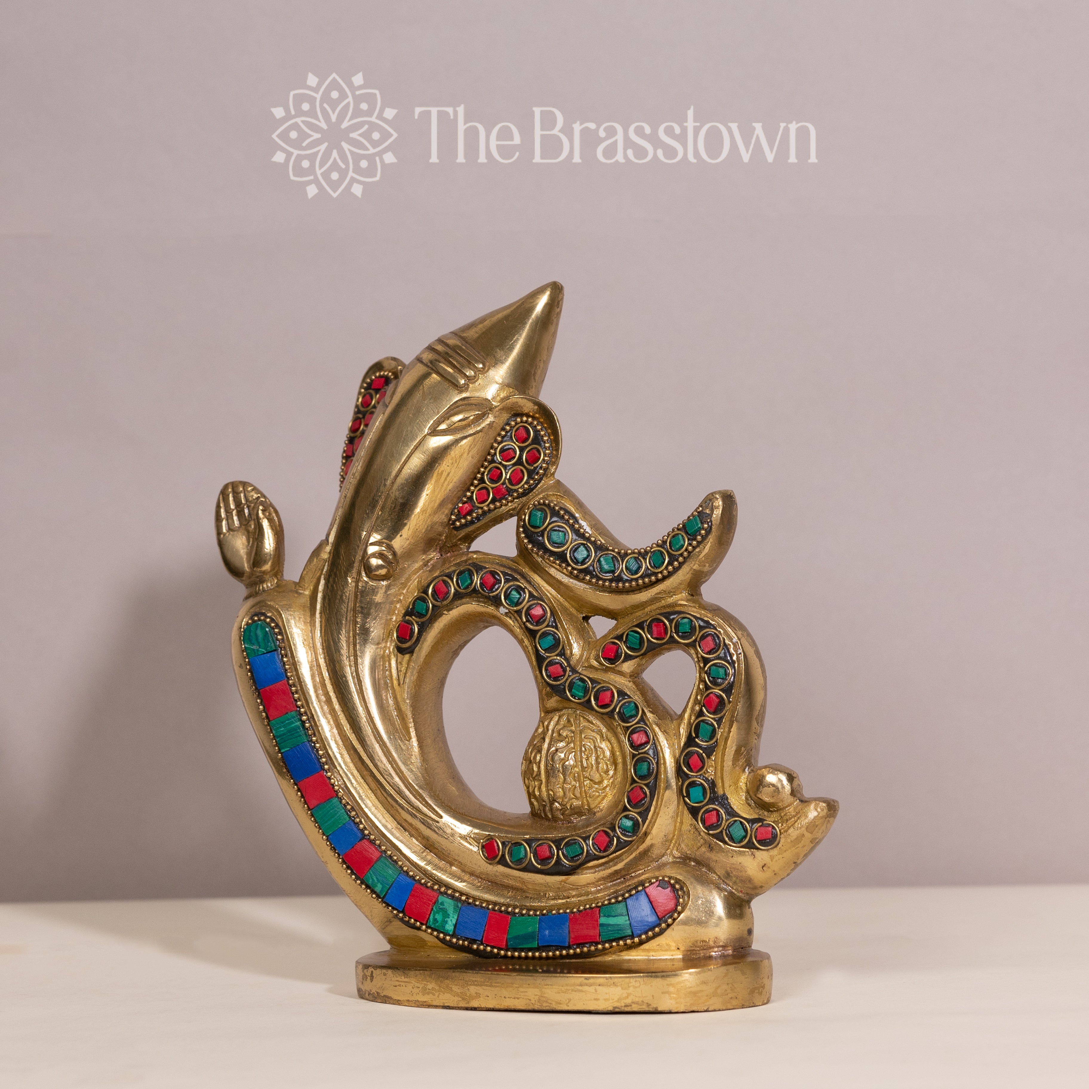 Brass Ganesh in Om Design with Colorful Stone Inlay
