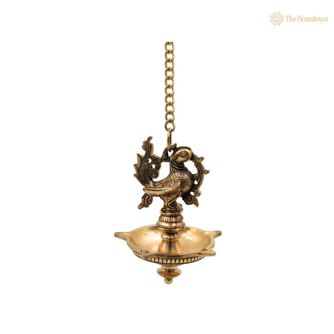 Brass Hamsa Hanging Lamp Pooja β Traditional Peetal Thooku Vilakku Deepam for Temple, Home Mandir & Spiritual DΓ©cor 21.5 Inch