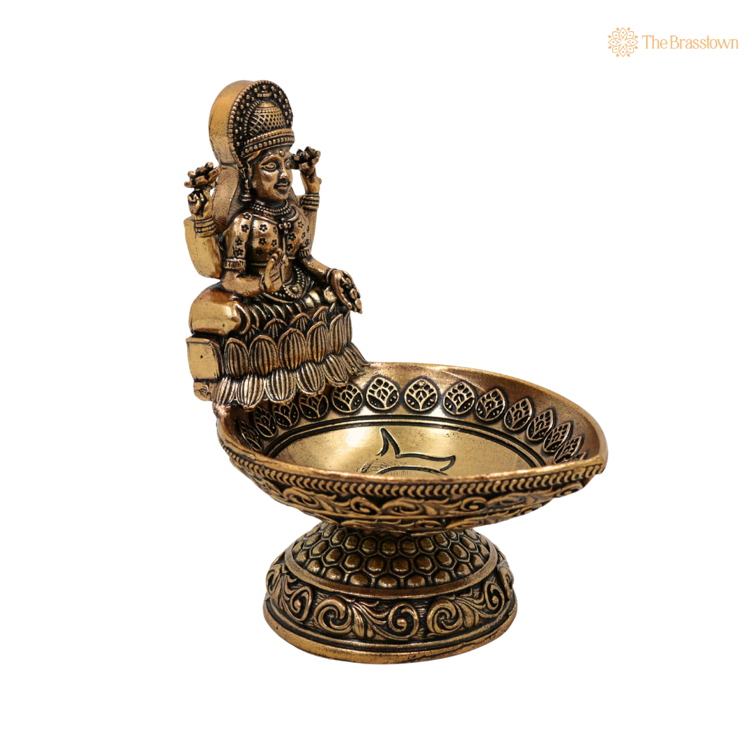 Brass Lakshmi Deepam 3.5 Inch side view – antique finish detail