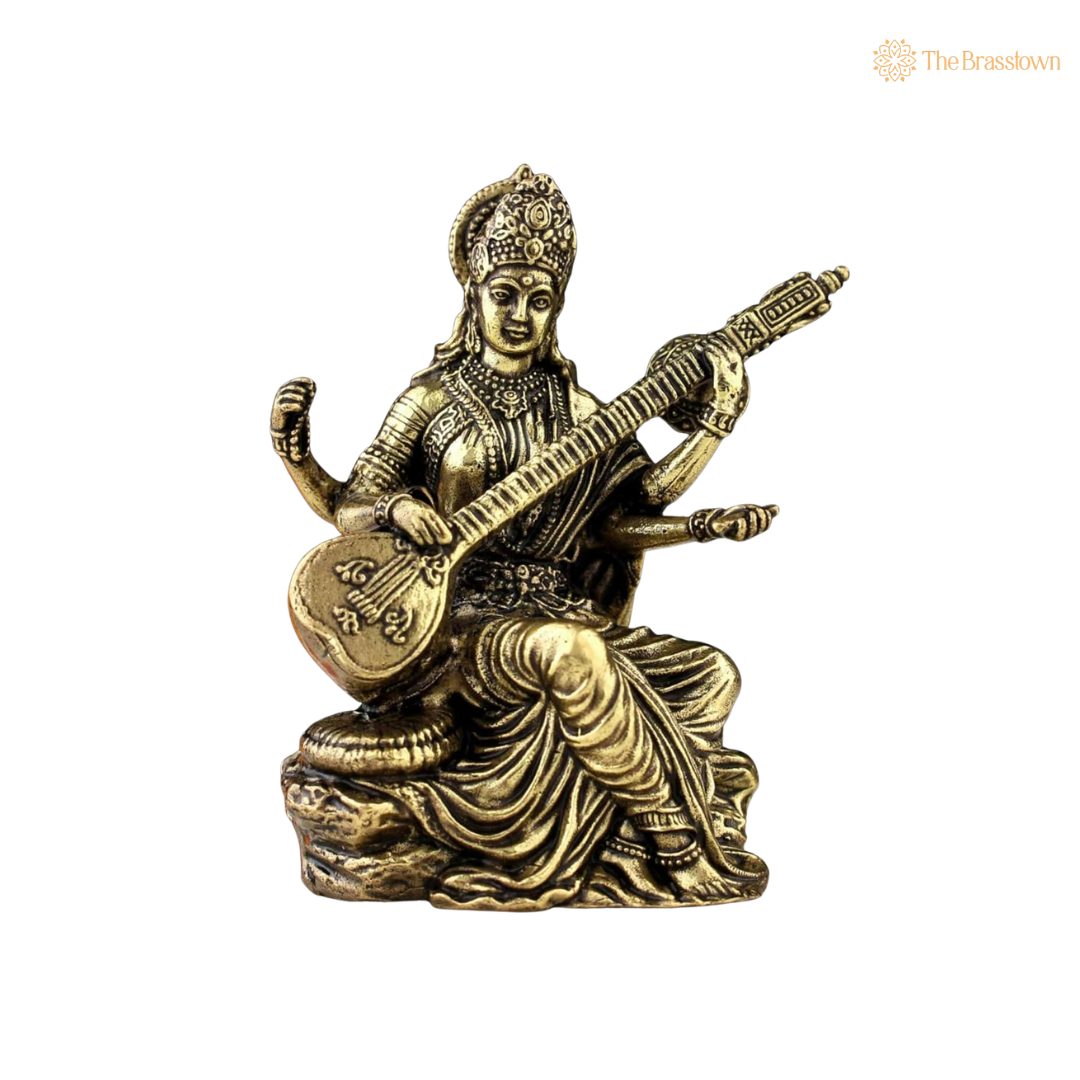 Brass Saraswati Idol 3 Inch side view – antique finish detail