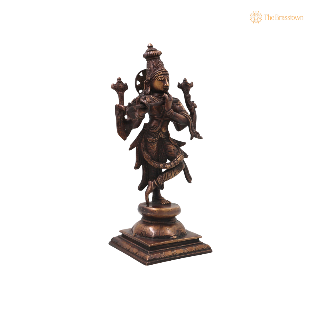 Brass Chaturbhuja Krishna Idol – Handcrafted Chola Style Kaliya Daman Govinda Murti for Pooja, Home Mandir, Décor & Spiritual Gifting 12.5 Inch