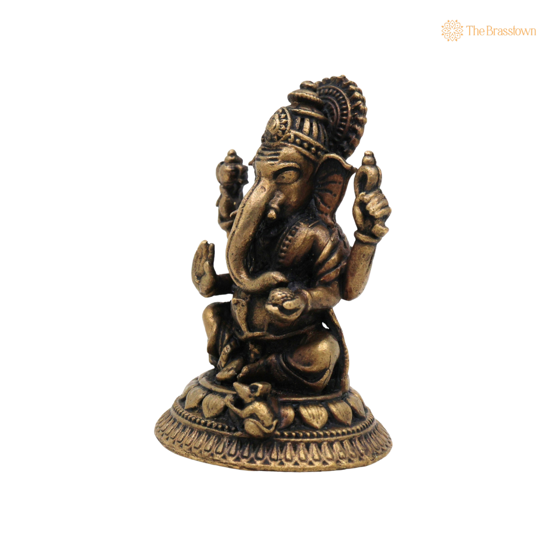 Handcrafted Brass Ganpati Bappa Idol 2 Inch side view β antique finish detail