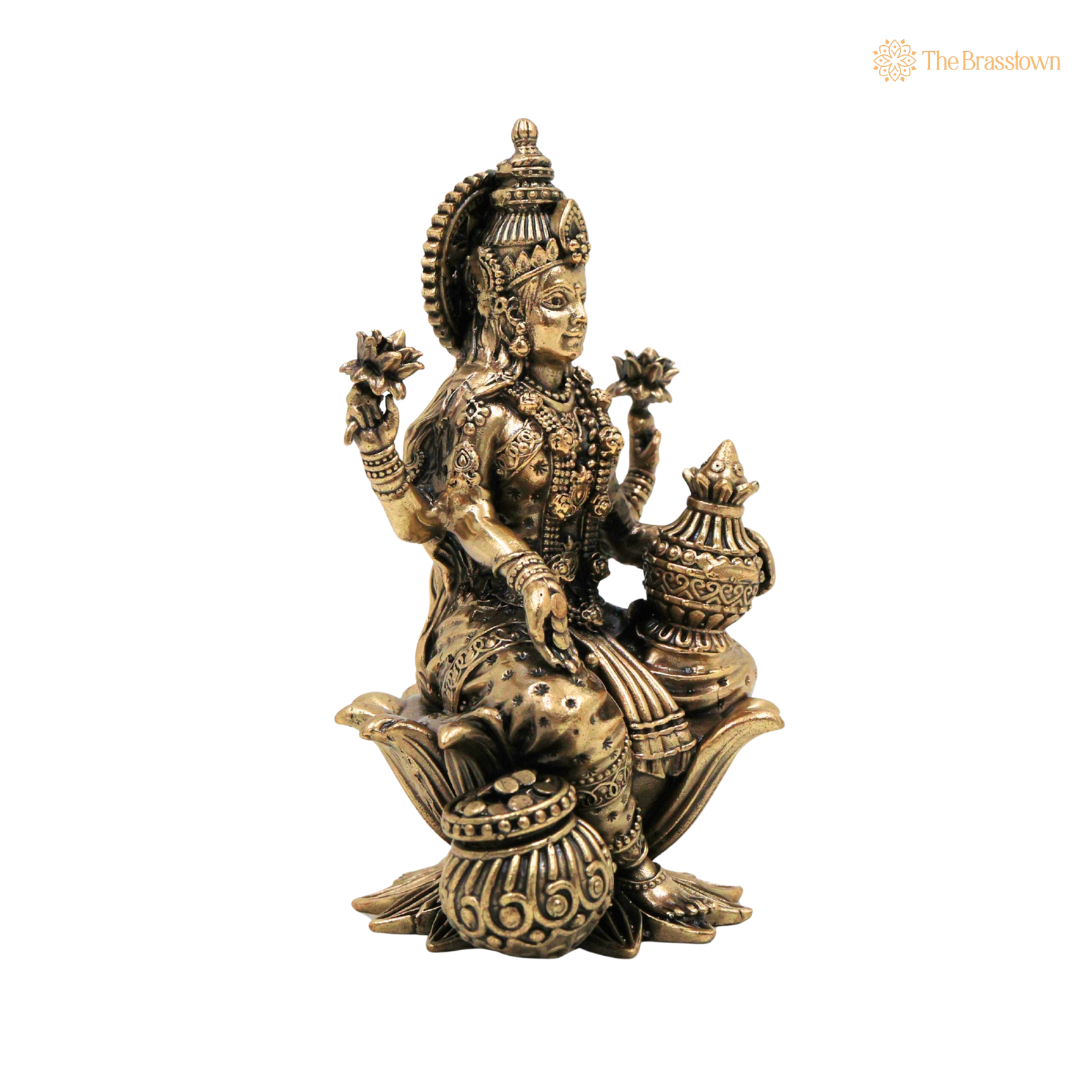 Brass Mahalakshmi Idol 4 Inch side view – antique finish detail