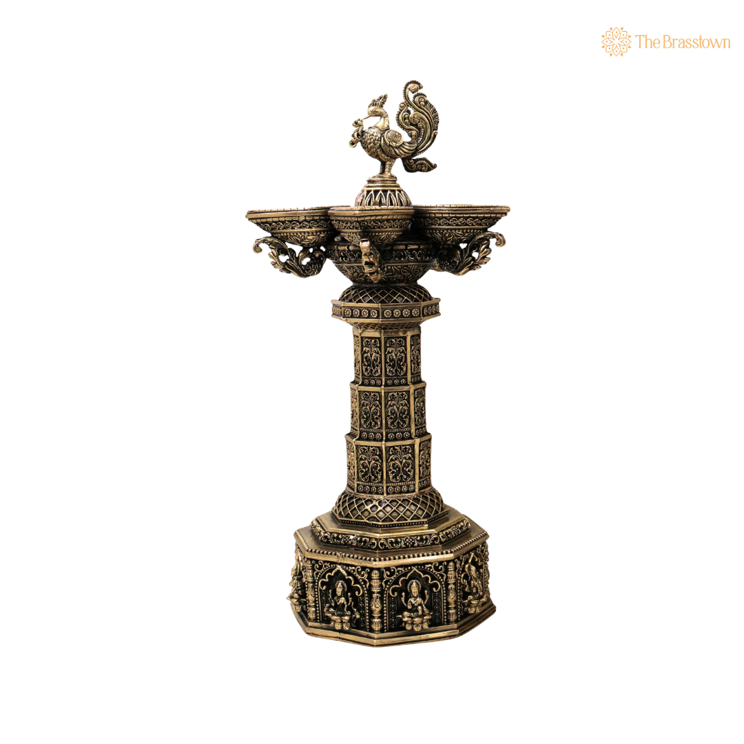 Brass Lakshmi Peacock Vilakku Deepam β Handcrafted Peetal Oil Lamp for Pooja, Home Mandir & Spiritual DΓ©cor 13 Inch