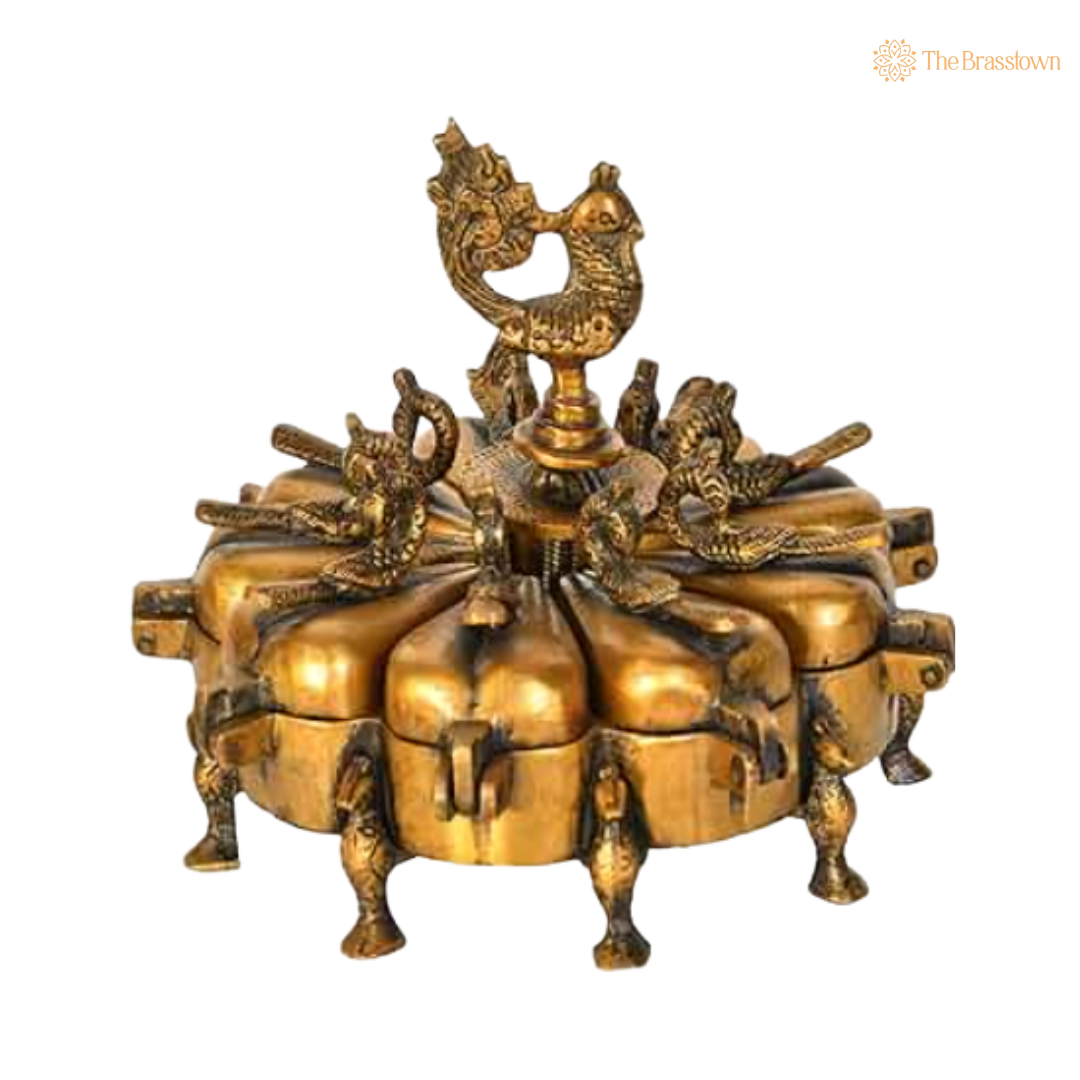 Handcrafted Brass Sindur Storage Box 6 Inch side view – antique finish detail