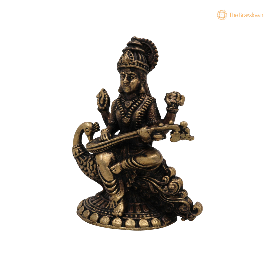 Brass Saraswati Mata Idol with 2.5 Inch side view – antique finish detail