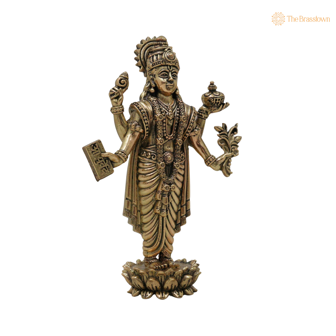Brass Dhanvantari Idol 6 Inch side view – antique finish detail
