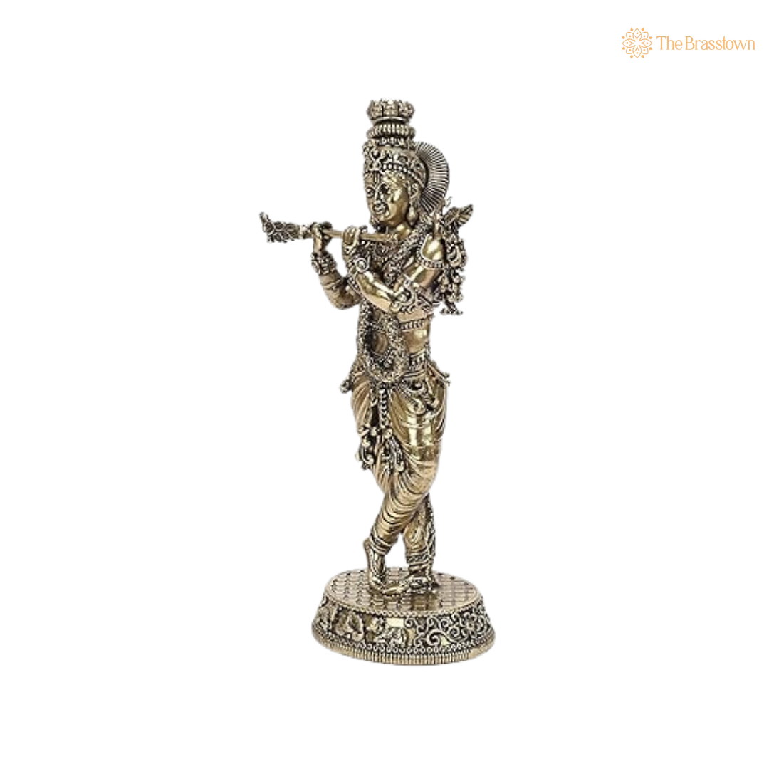 Brass Krishna Idol with Peacock 5.5 Inch side view – antique finish detail