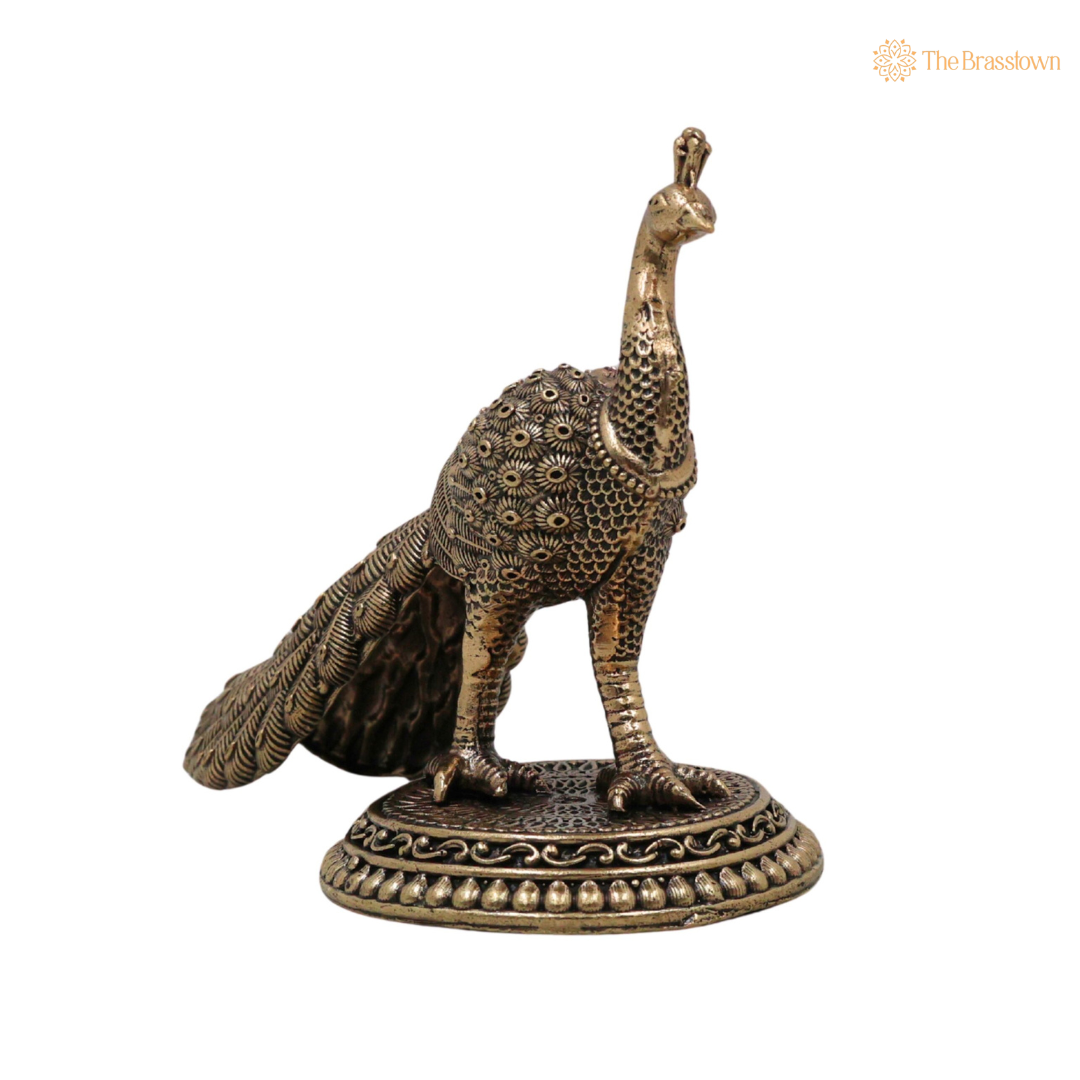 Divine Brass Peacock Idol 3.5 Inch side view – antique finish detail