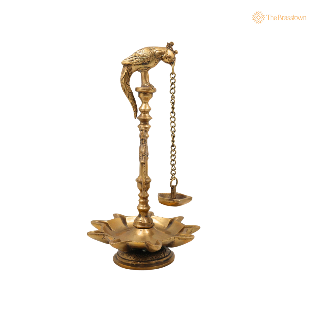 Parrot Perch Brass Hanging Diya 13 Inch side view – antique finish detail