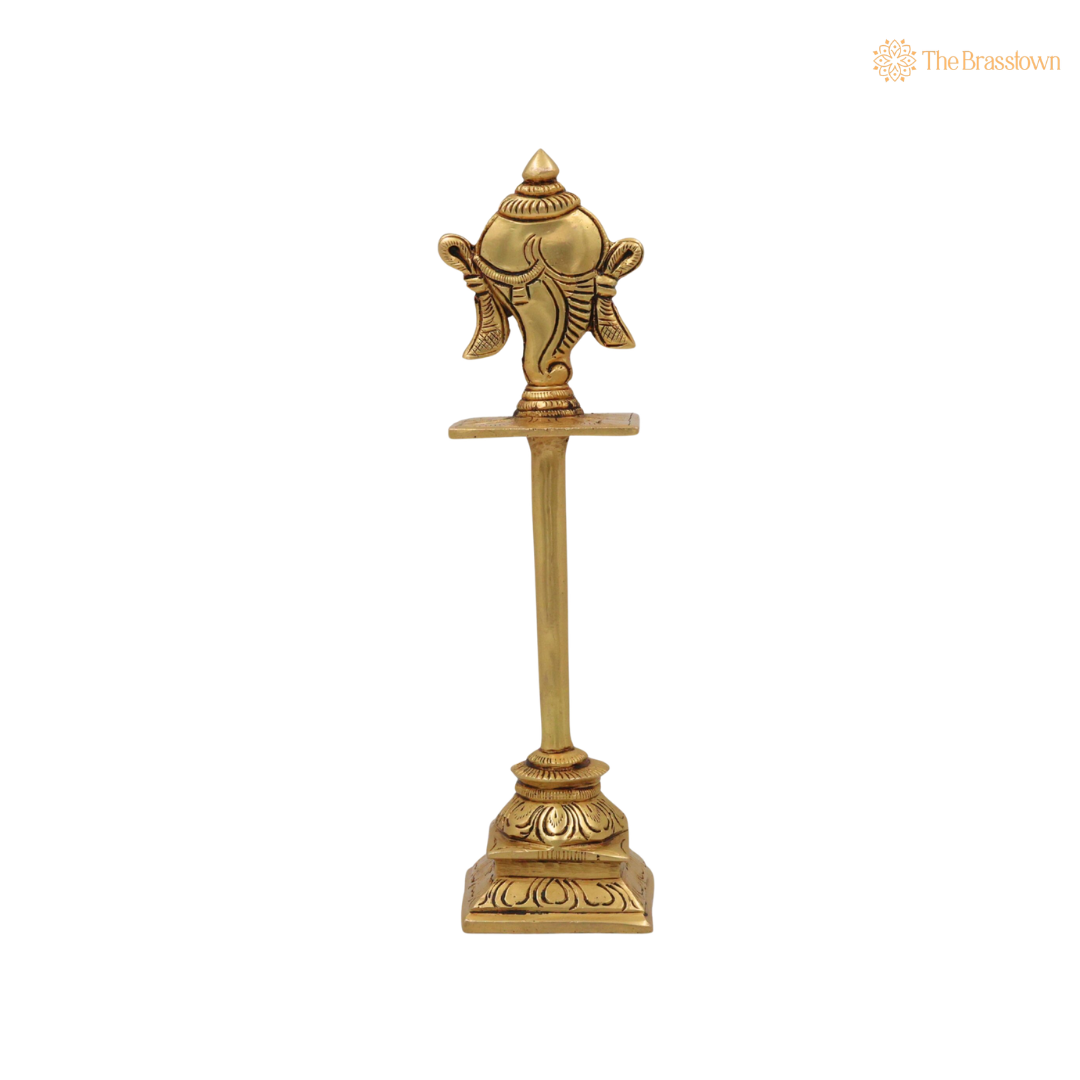 Brass Shankha Stand – Peetal Vishnu Symbol Balaji Shankh Figurine for Pooja, Home Temple & Spiritual Décor 5 Inch