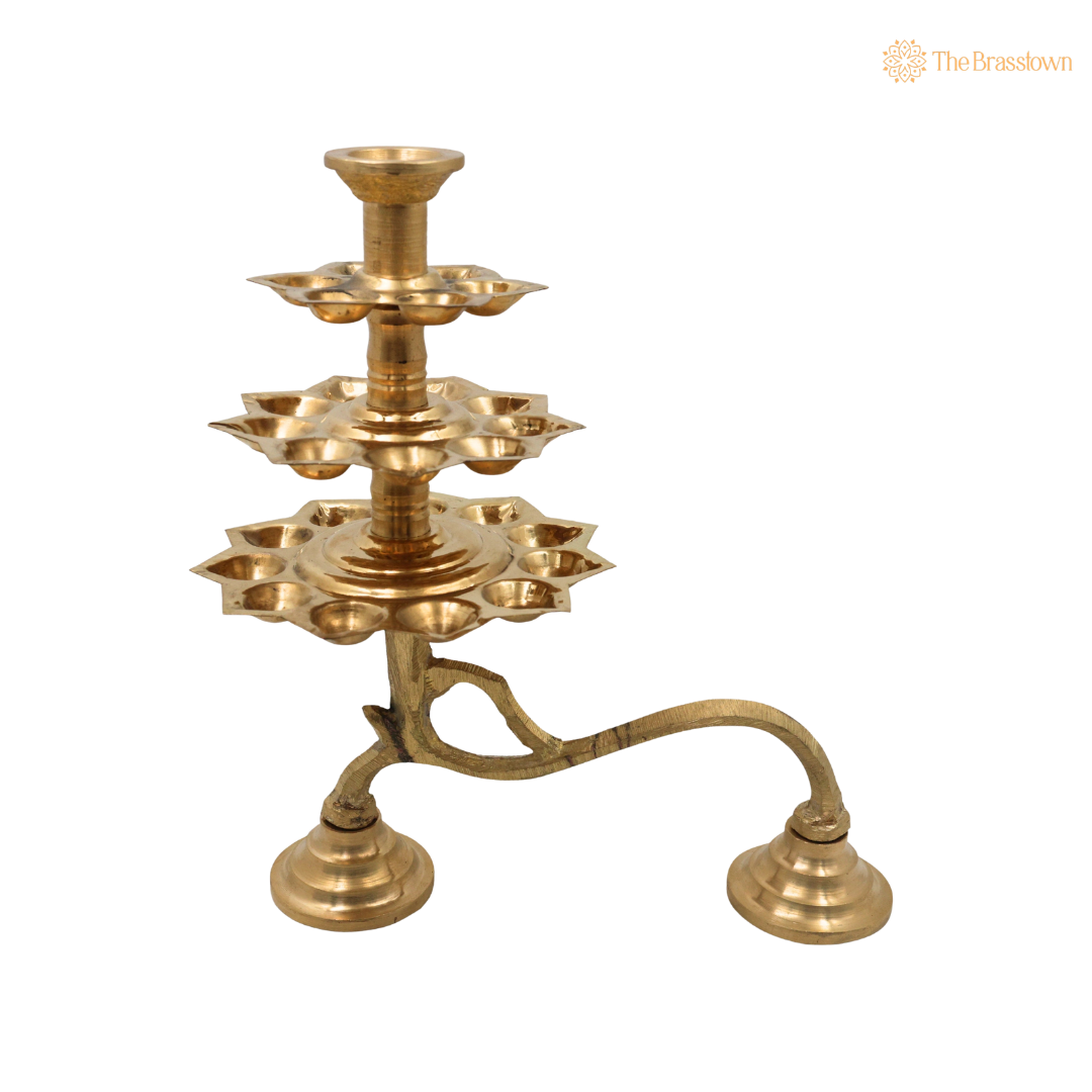 Brass 3 Layer Aarti Lamp – Traditional 3 Tier Deepam (Tripadi / Trishreni Deepam) for Home Mandir, Temple & Festival Pooja Décor 9.5 Inch