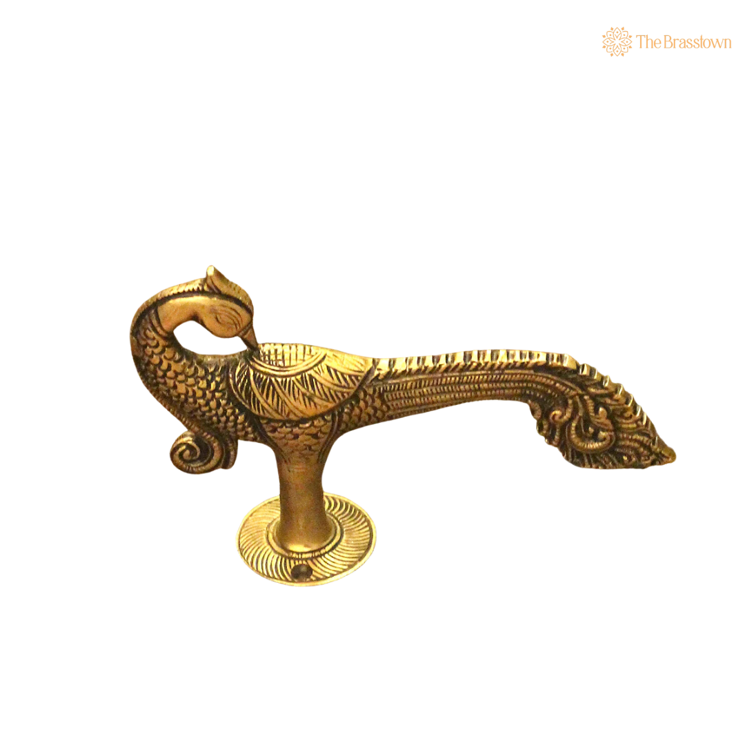 Handcrafted Brass Peacock Door Handle 7 Inch side view – antique finish detail