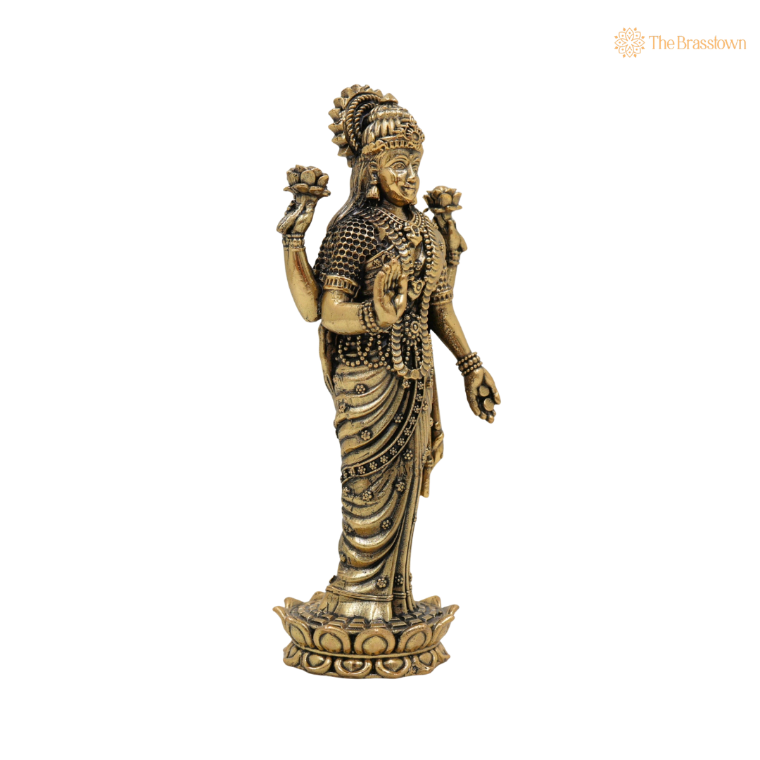 Brass Standing Lakshmi Idol 6 Inch side view – antique finish detail
