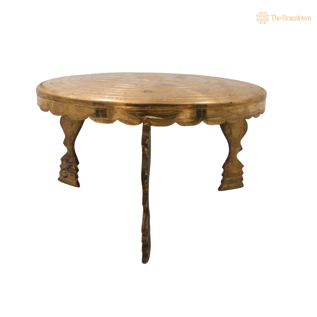 Round Flower Brass Pooja Stand Chowki – Traditional Peetham Singhasan Circular Idol Display Base for God Idols, Diya, Urli & Temple Décor 10 Inch