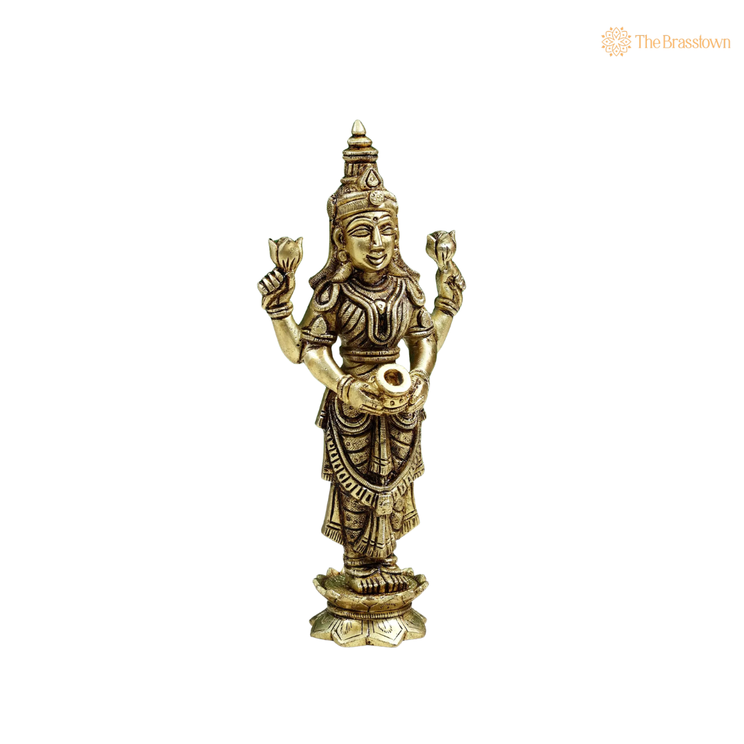 Brass Standing Goddess Lakshmi Idol 8 Inch side view – antique finish detail