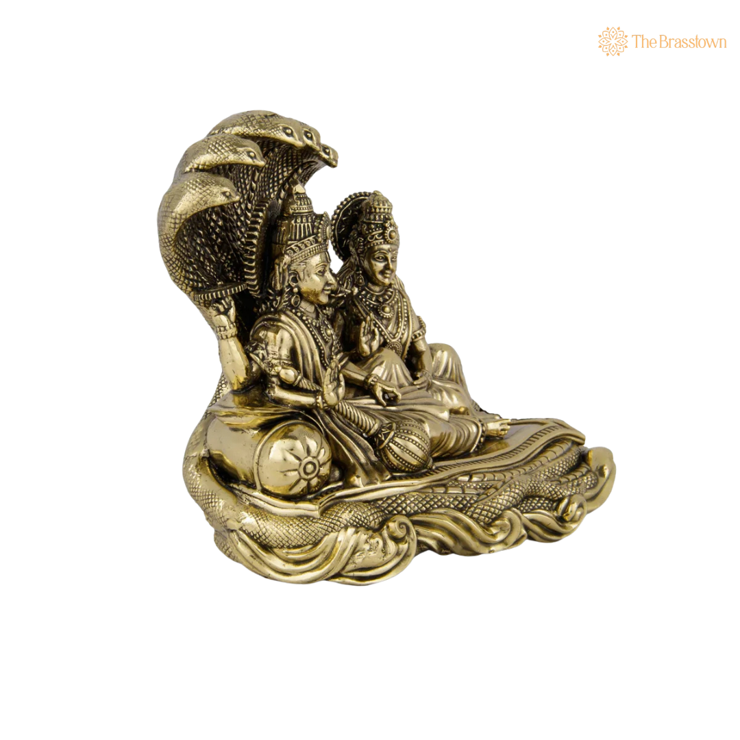 Brass Vishnu and Lakshmi Idol 3 Inch side view – antique finish detail
