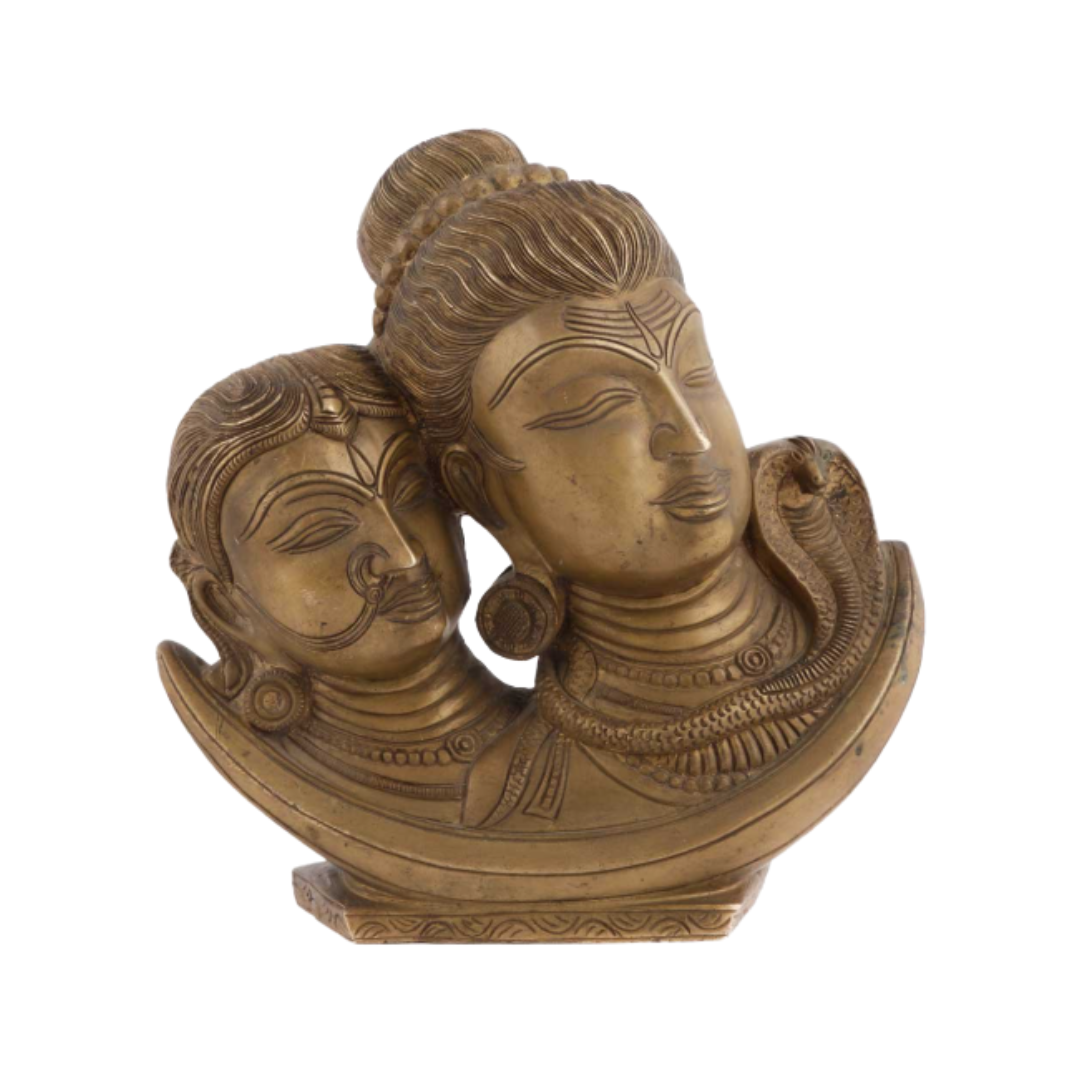 Handcrafted Brass Shiva Parvati Face 9.5 Inch side view – antique finish detail