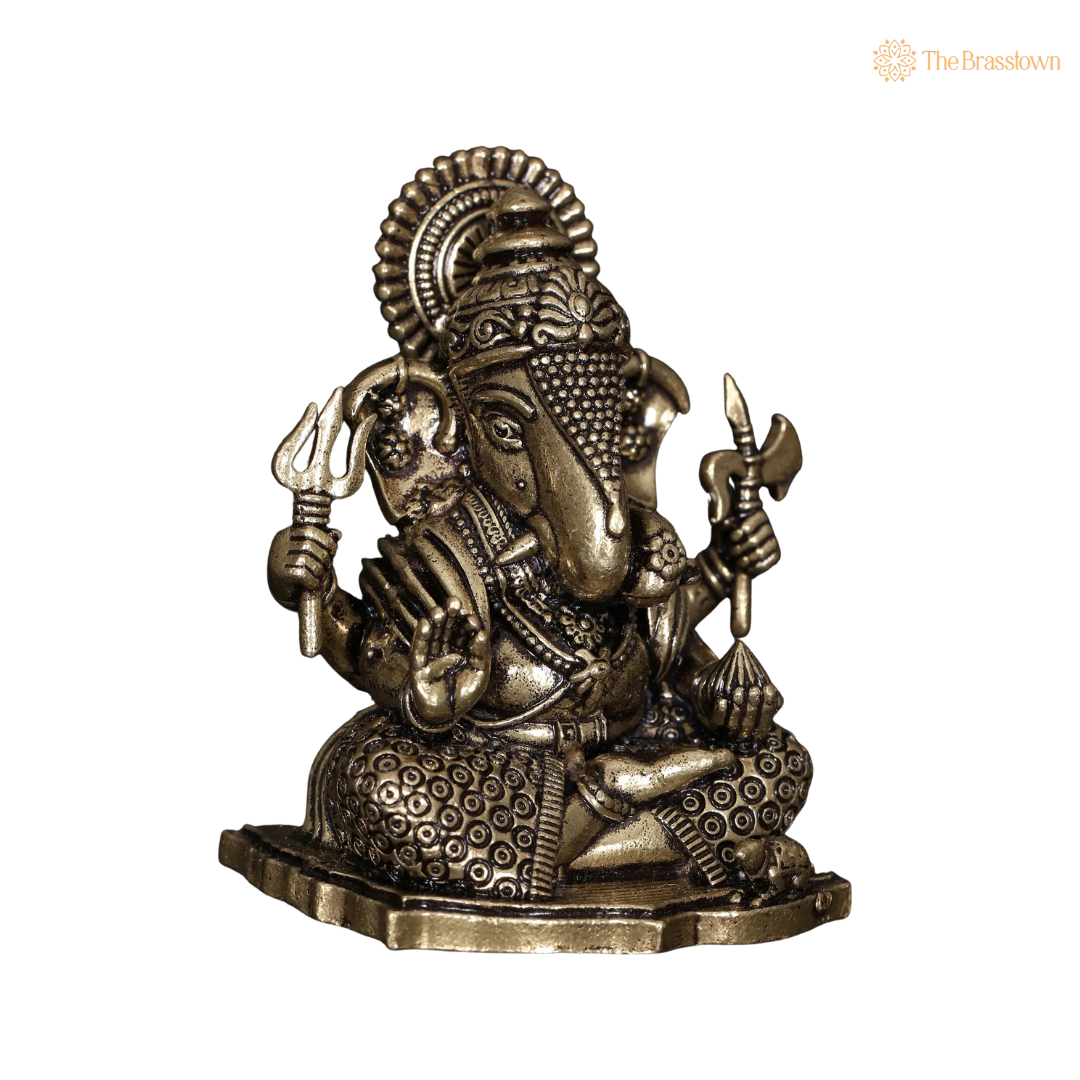 Brass Sitting Ganesha Idol 3 Inch side view – antique finish detail