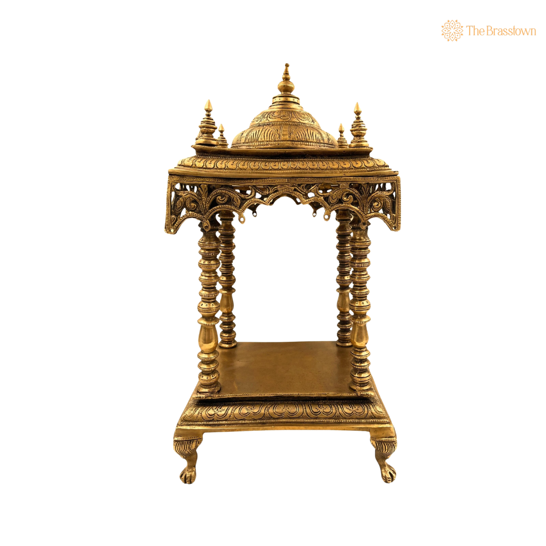Handcrafted Brass Temple Mandir for 21 Inch side view – antique finish detail