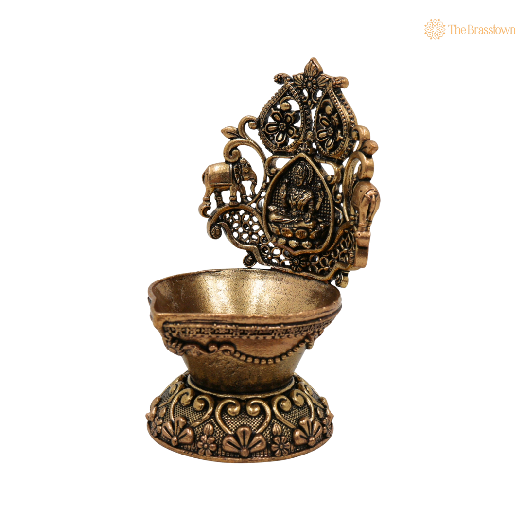 Brass Handcrafted Mahalakshmi Deepam 4 Inch side view – antique finish detail