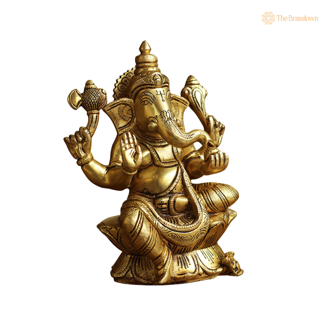 Brass Ganesh Sitting Statue 8 Inch closeup β intricate craftsmanship