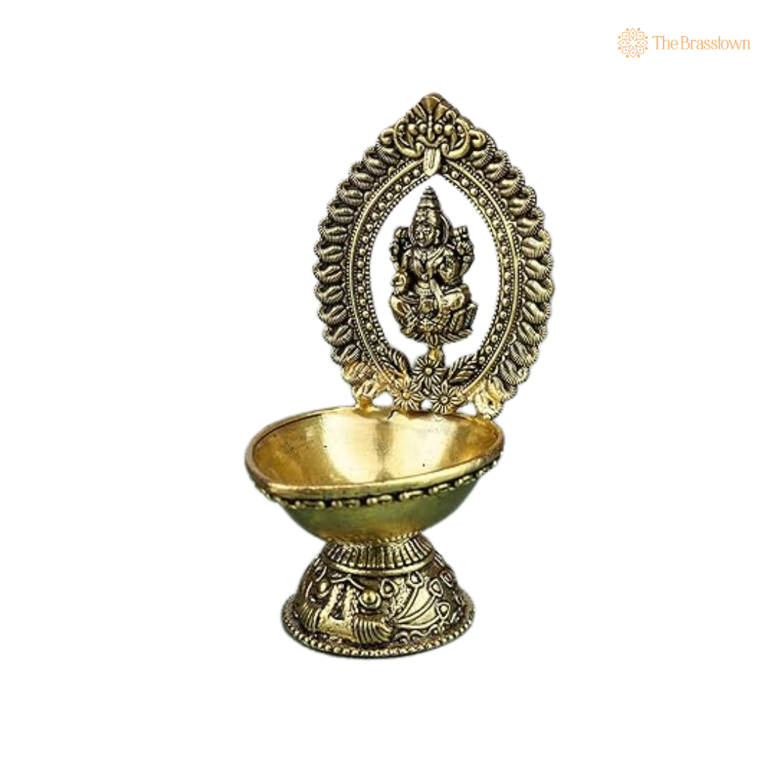 Brass Lakshmi Diya 4.5 Inch closeup – intricate craftsmanship