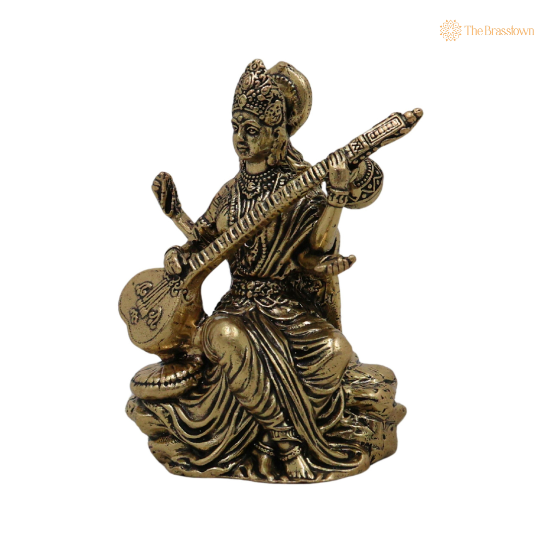 Divine Brass Saraswati Idol 3 Inch closeup – intricate craftsmanship