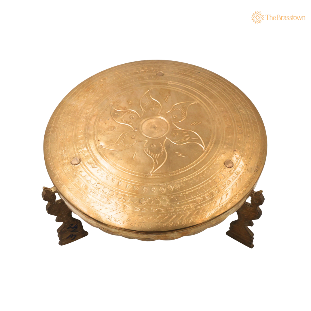 Round Flower Brass Pooja Stand Chowki – Traditional Peetham Singhasan Circular Idol Display Base for God Idols, Diya, Urli & Temple Décor 10 Inch