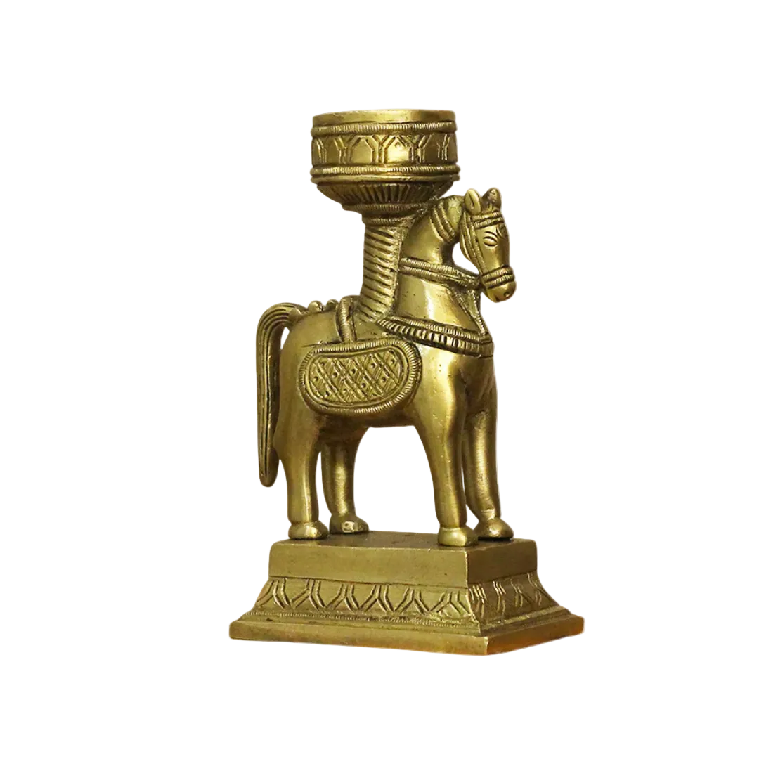 Handcrafted Brass Horse Candle Stand 5.5 Inch side view – antique finish detail