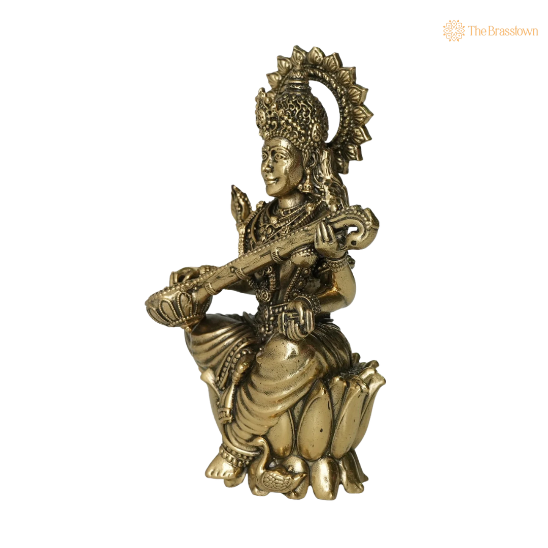 Brass Saraswati Idol 2.5 Inch closeup – intricate craftsmanship