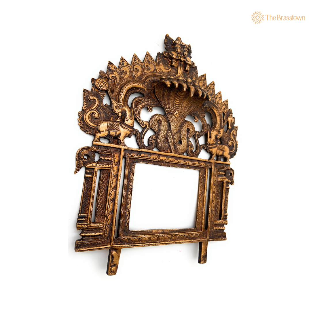 Antique Brass Temple Arch Frame with Mythical Motifs 11.5 Inch