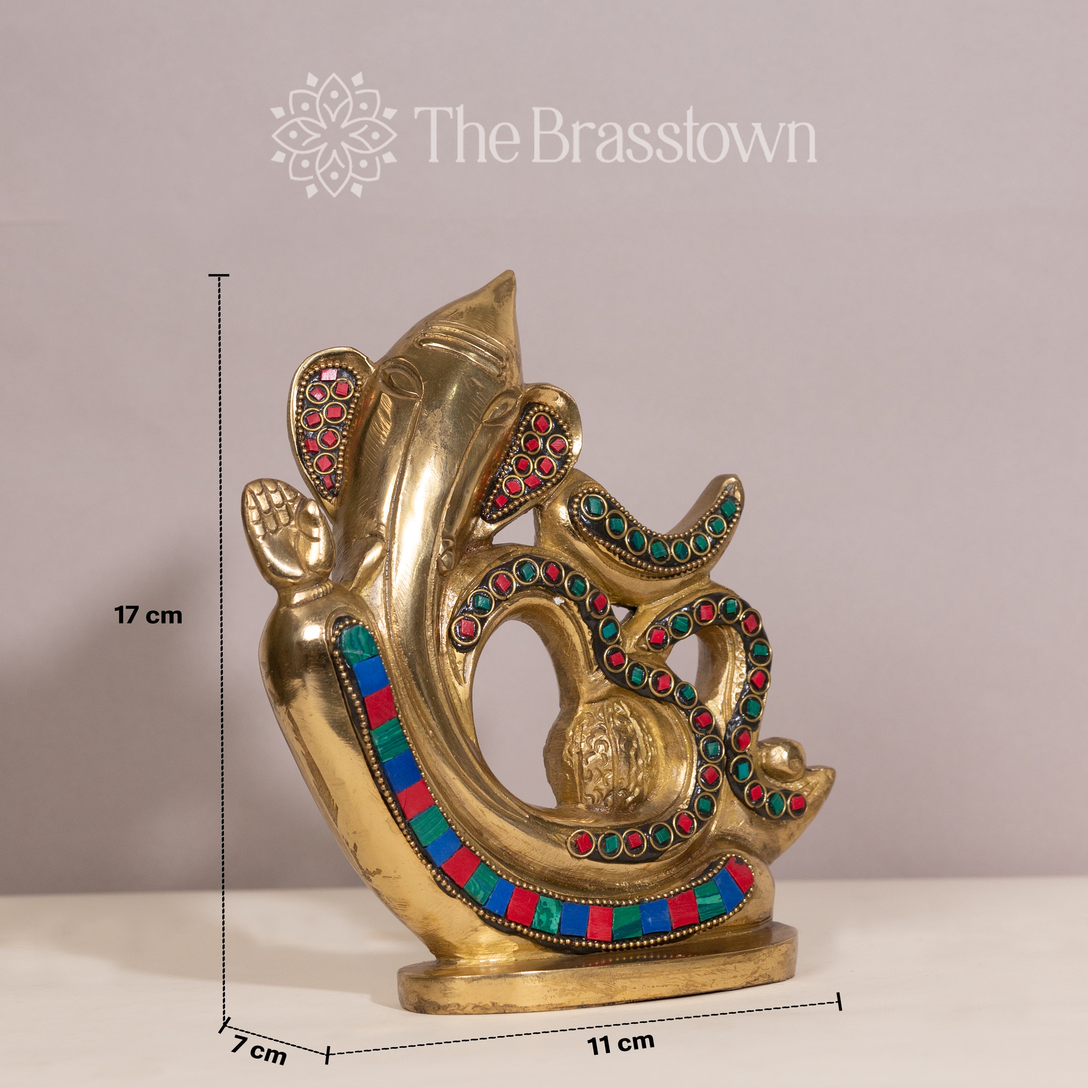 Brass Ganesh in Om Design with Colorful Stone Inlay