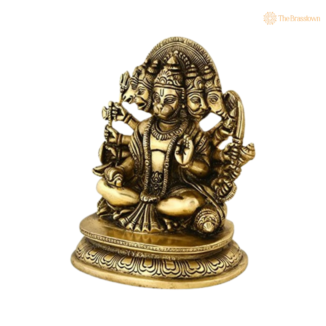 Brass Panchmukhi Hanuman Seated Idol 7 Inch closeup – intricate craftsmanship