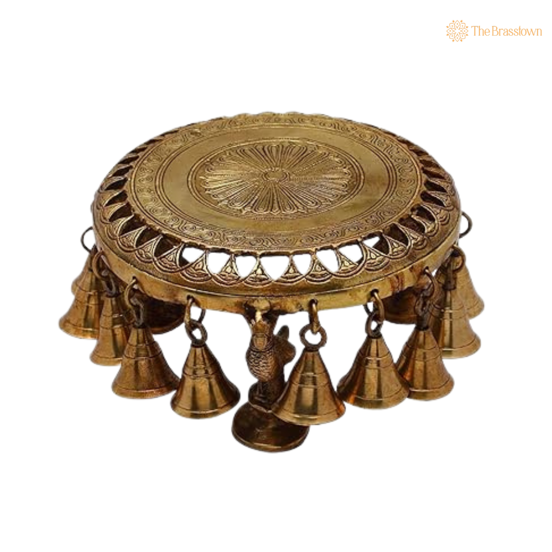 Antique Brass Puja Chowki with Bells – Hindu Temple Chowki for Idols, Puja & Home Mandir 4 Inch