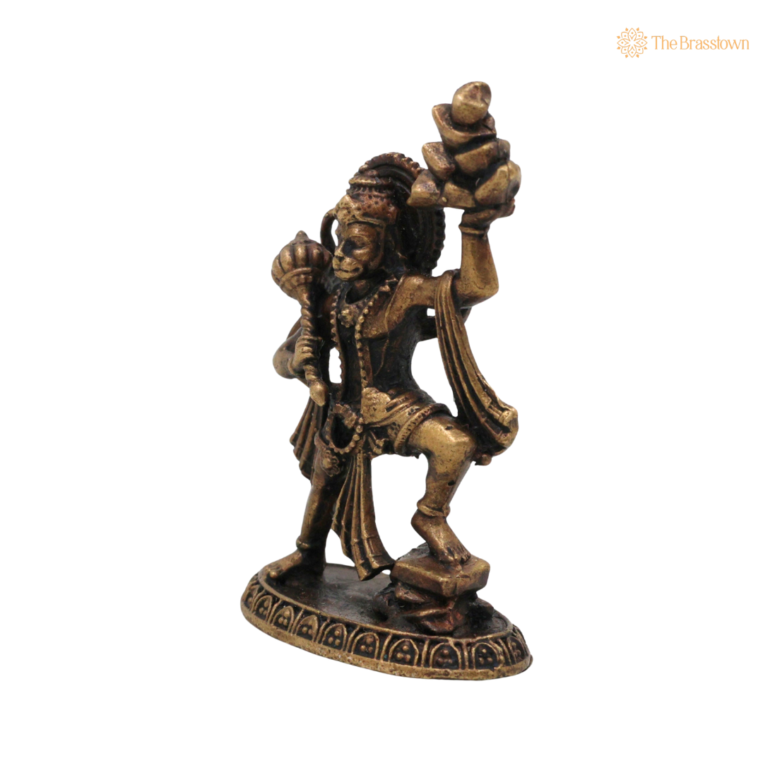 Brass Hanuman Idol with Sanjeevini 2 Inch side view – antique finish detail