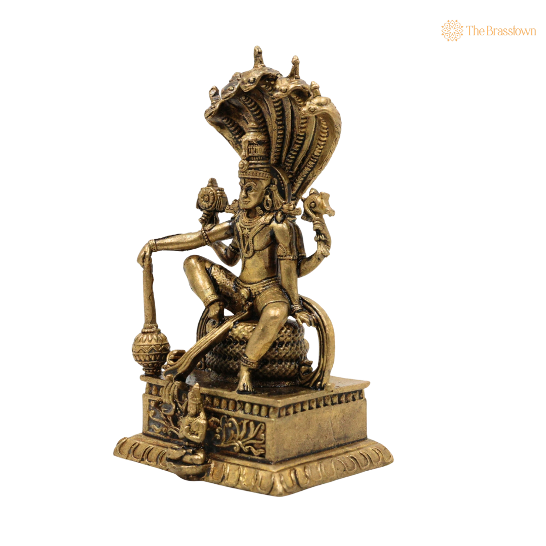 Brass Vishnu on Sheshnag Idol 3 Inch closeup β intricate craftsmanship