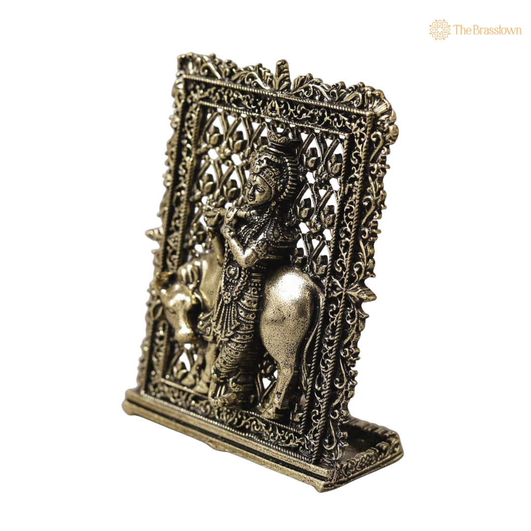 Brass Cow Krishna Panel – Fine Handcrafted Lord Krishna with Cow Wall Plaque for Car Dashboard, Home Décor & Spiritual Blessings 3 Inch