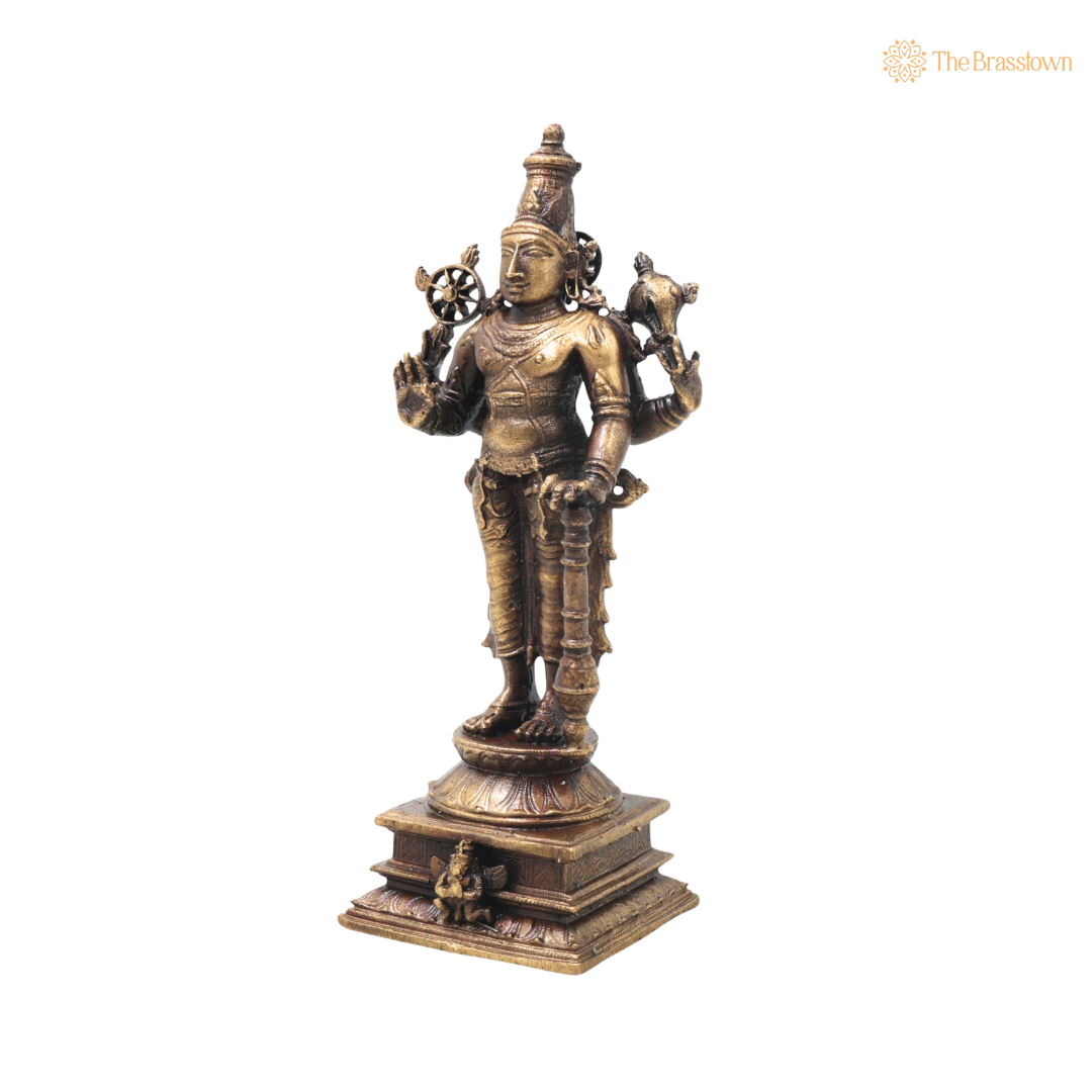Unique Brass Vishnu Idol – Handcrafted Narayana Govinda Murti Traditional Chola Sculpture for Pooja Home Decor Gifting Spiritual Decor 5 Inch