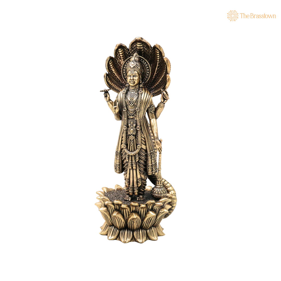 Handcrafted Brass Maha Vishnu Idol – Lord Narayana Perumal Murti for Home Temple, Pooja & Spiritual Decor 11 Inch