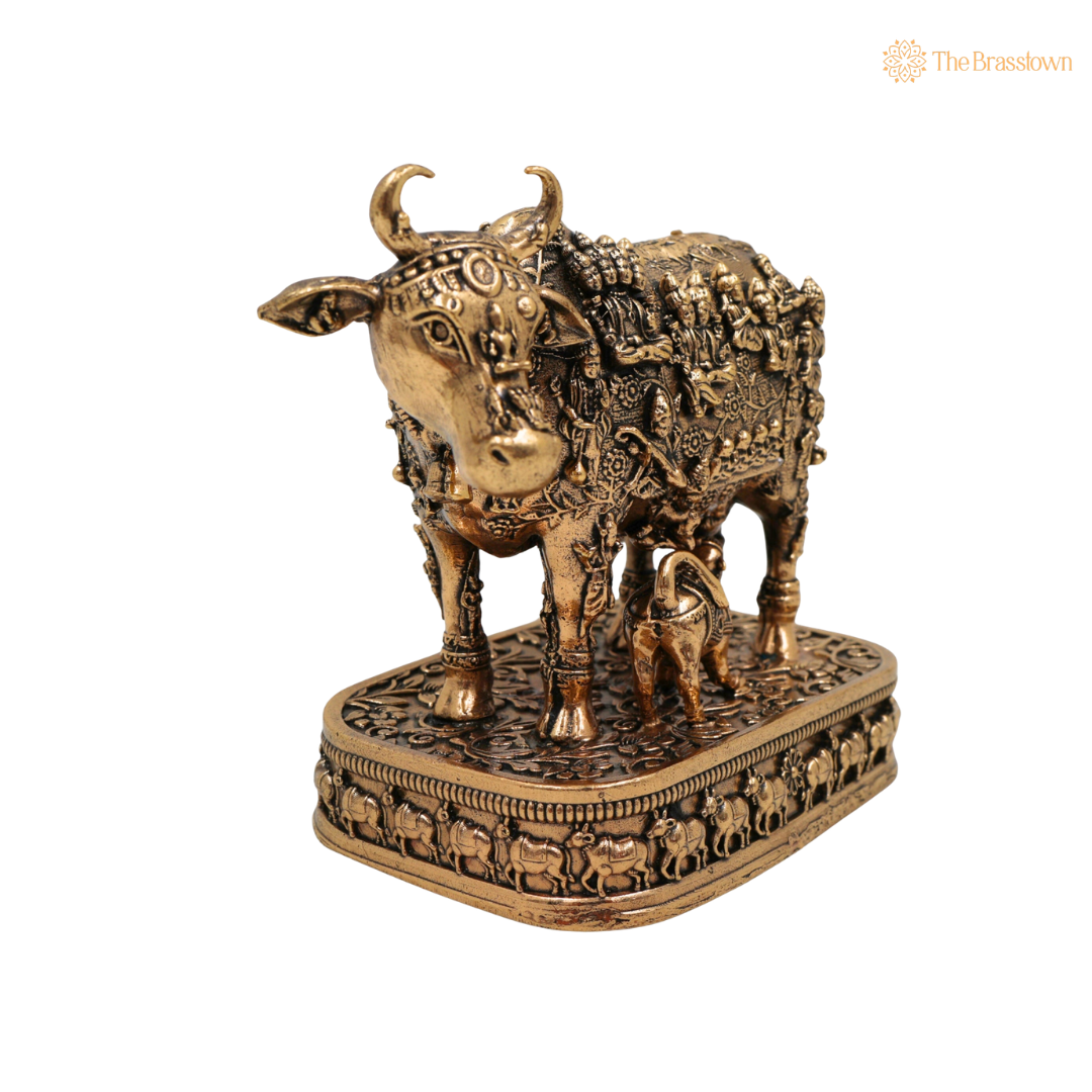 Brass Kamadhenu Idol 4.5 Inch closeup β intricate craftsmanship