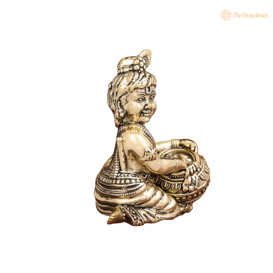 Brass Baby Krishna Idol 2.5 Inch closeup – intricate craftsmanship